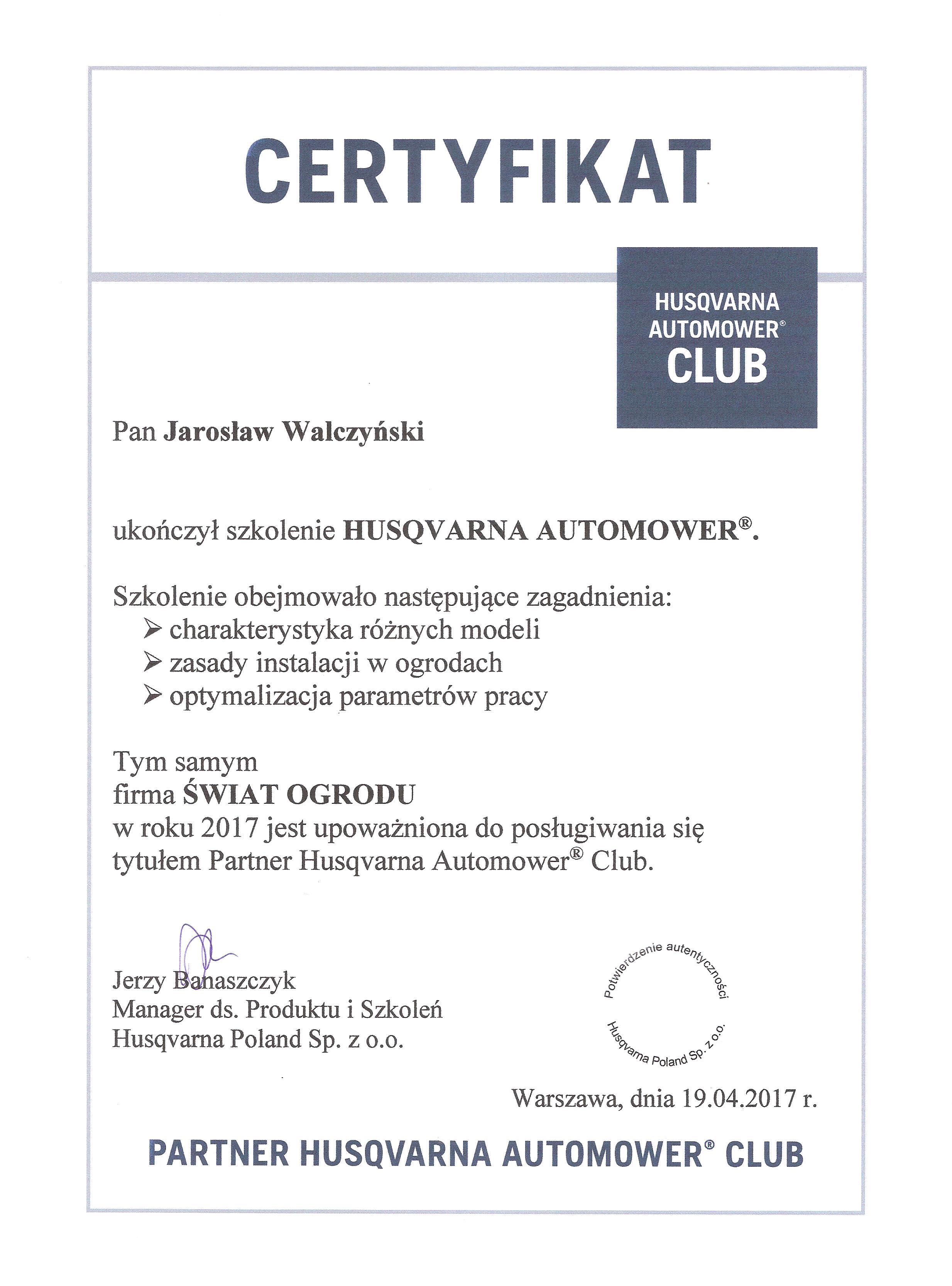 Husqvarna® Automover® Certyfikat